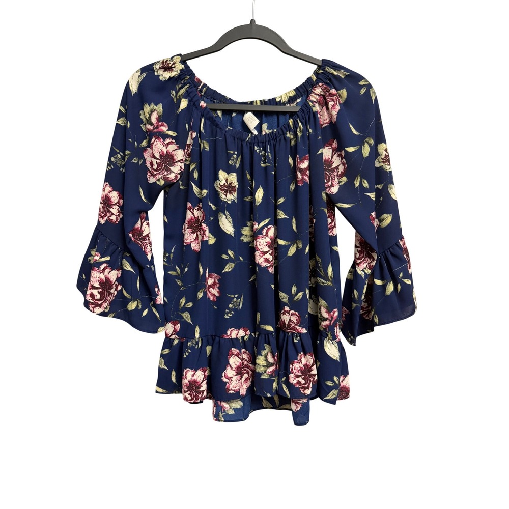 Nouveau Navy Floral Ruffle Bell Sleeve Peplum Blouse Small Bohemian Off Shoulder